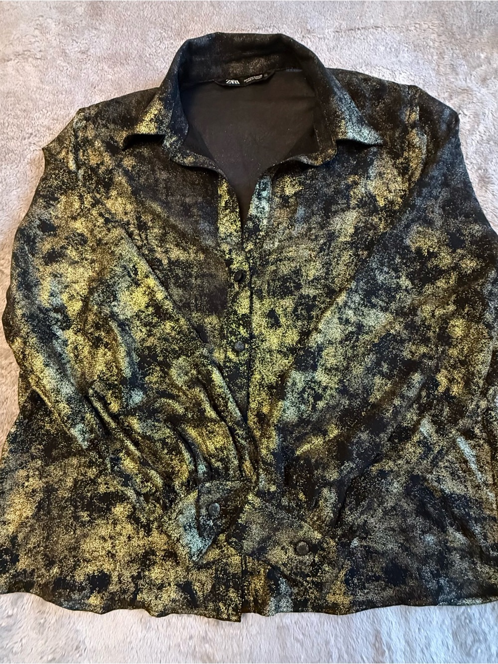 Zara Black and Gold Metallic Foil Button-Front Blouse, S